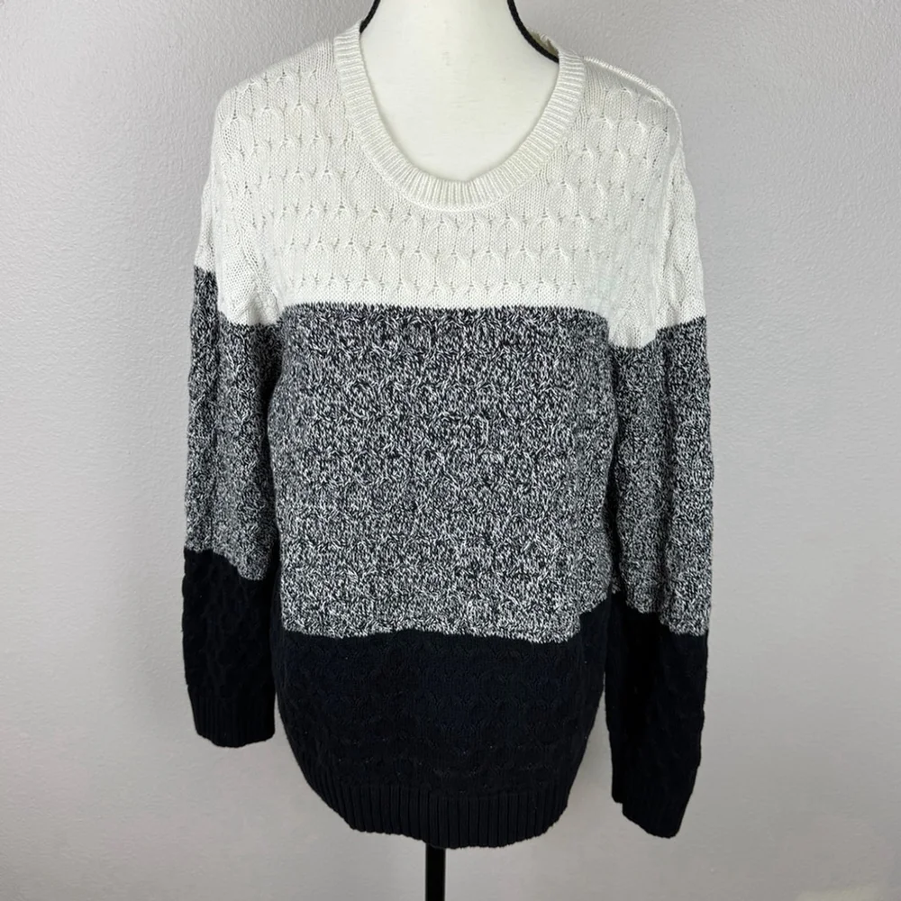 Croft & Barrow Sweater Womens XL Gray Colorblock Cable Knit Crew Neck Pullover